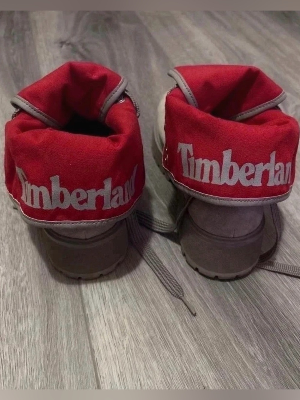 Timberland Women Gray and Red Suede Boots with Red Fold-Down Collar